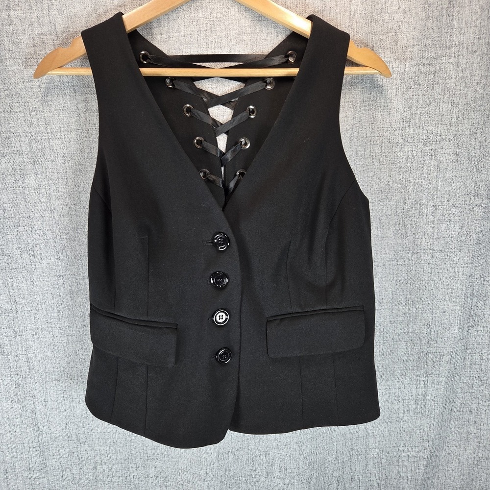 INC International Concepts Women's Black Vest Corset Laced Back SZ 6 Biker‎ Boho